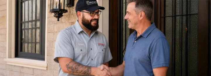 HVAC technician meeting with a client outside their home.