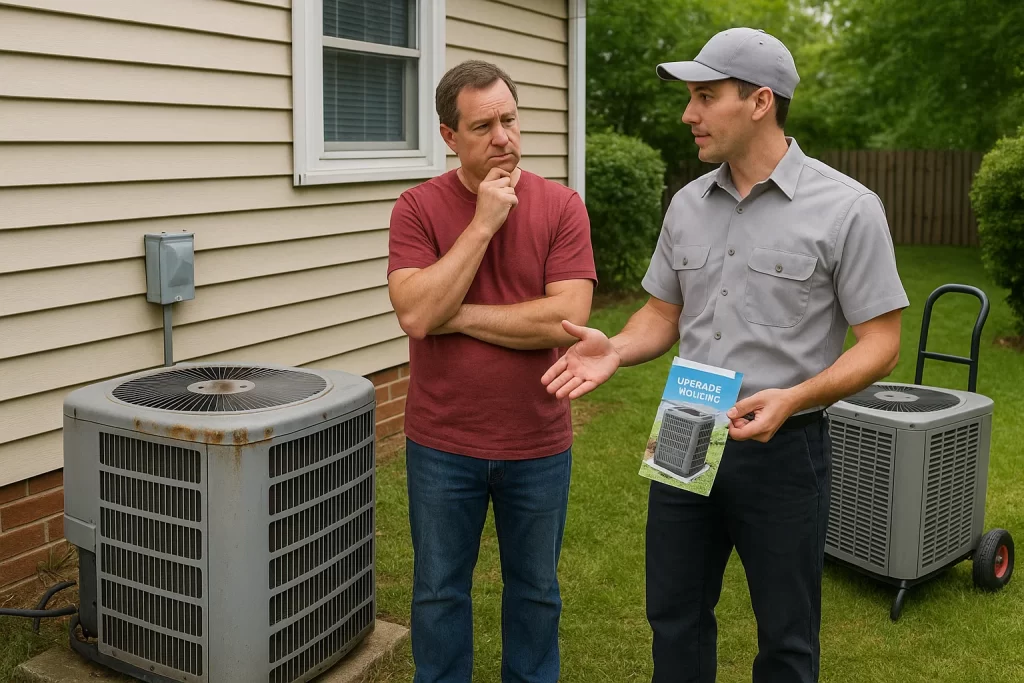Ohio homeowner and HVAC tech evaluating old condenser beside new unit