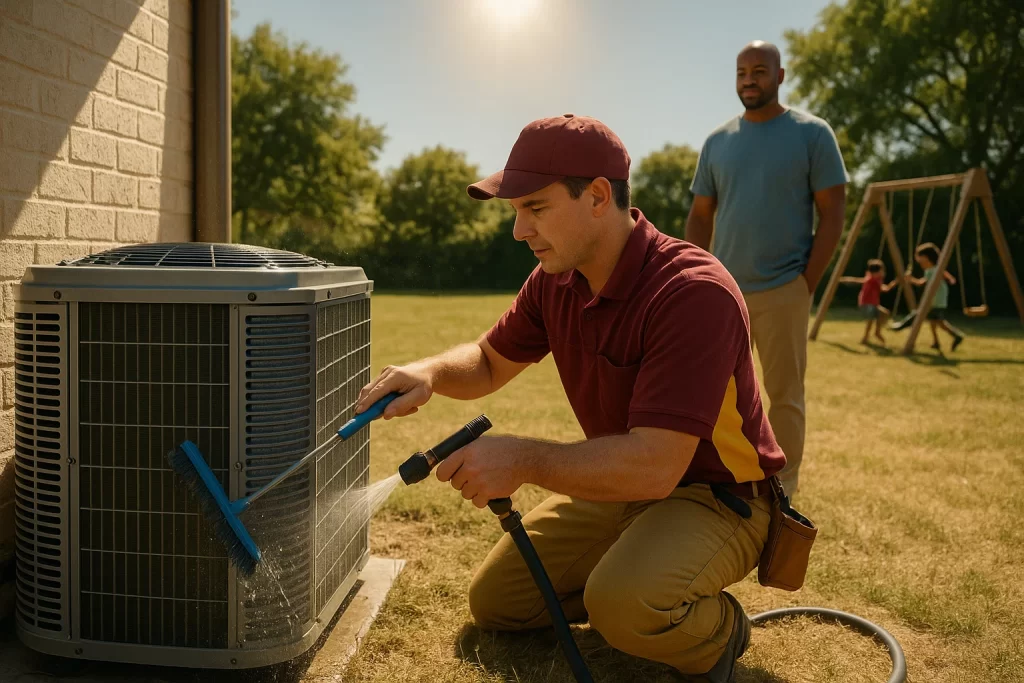 Technician cleaning outdoor condenser coils mid‑season with homeowner observing