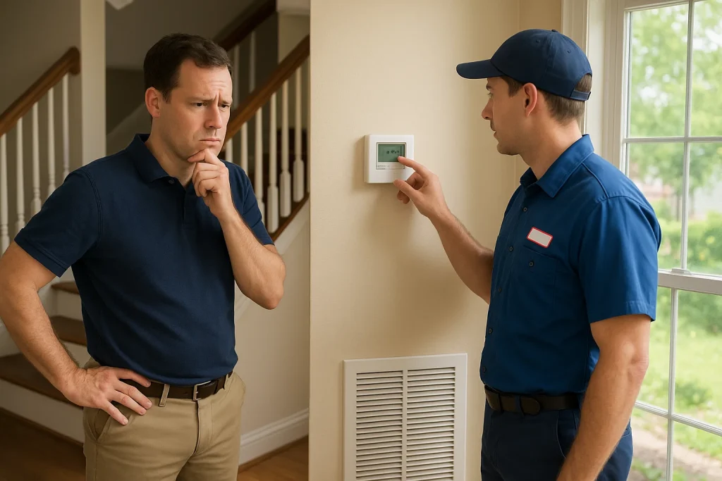 Ohio homeowner looks concerned while technician checks thermostat during AC issue