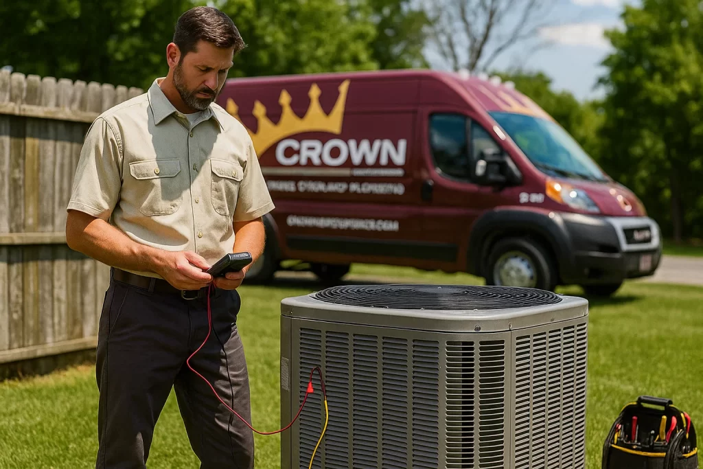 HVAC technician diagnosing outdoor AC unit in Ohio backyard