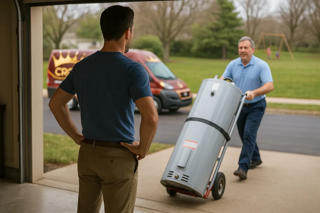 Plumber delivering a new water heater
