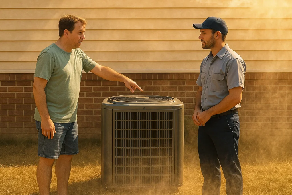 Technician inspecting outdoor AC condenser during August heat
