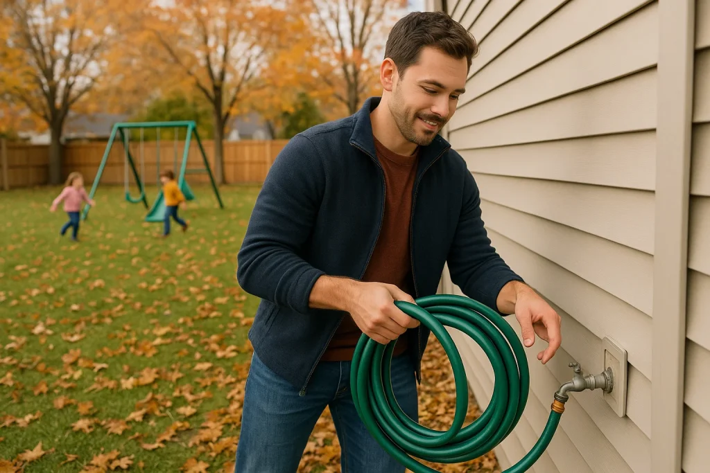 Homeowner disconnecting garden hose from outdoor spigot on fall day in Ohio