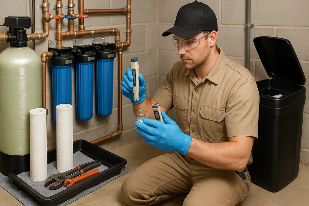 Plumber replacing carbon filters and testing water hardness and TDS at whole-house system