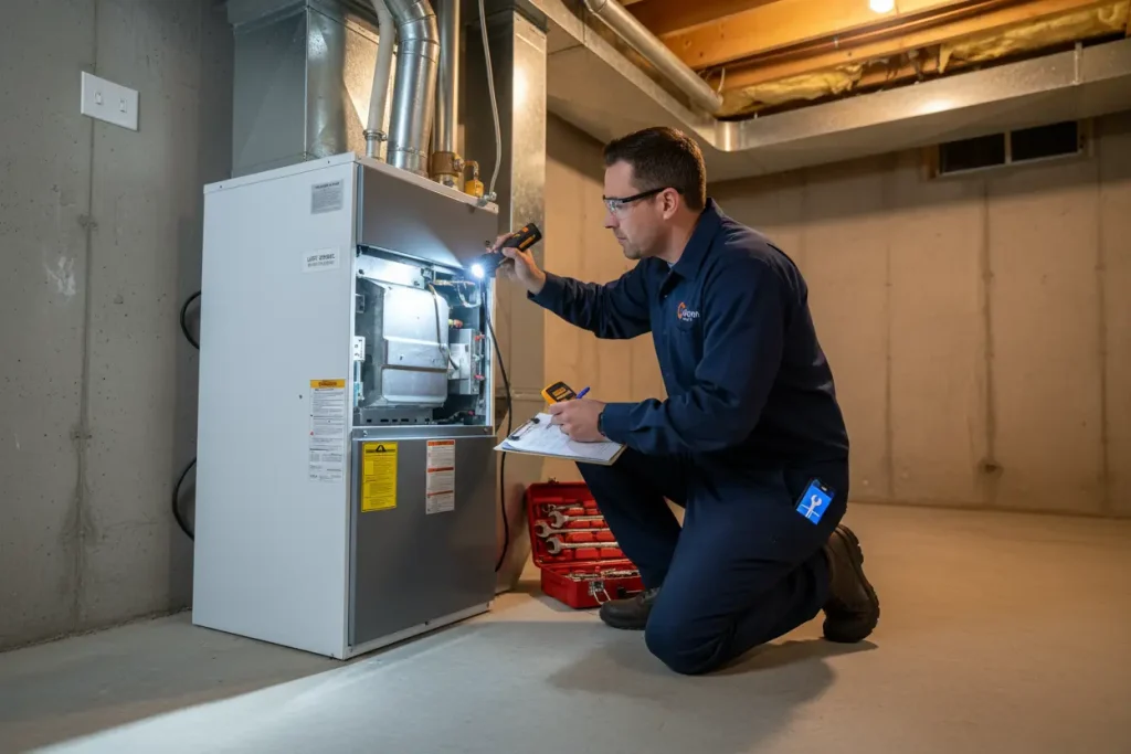 An HVAC tech checking a furnace in a residential basement.