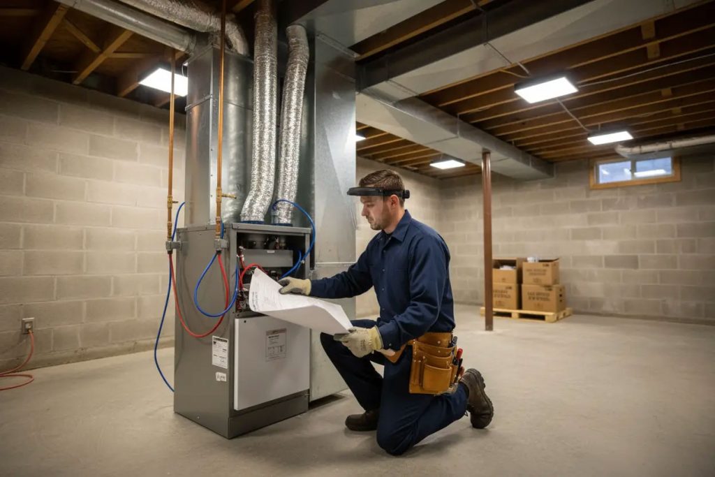 HVAC technician installing a new furnace in an Ohio basement