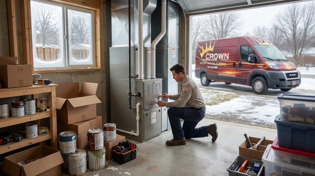 An HVAC technician installs a new furnace in a residential basement as frost gathers outside the window—preparing for an Ohio winter freeze.