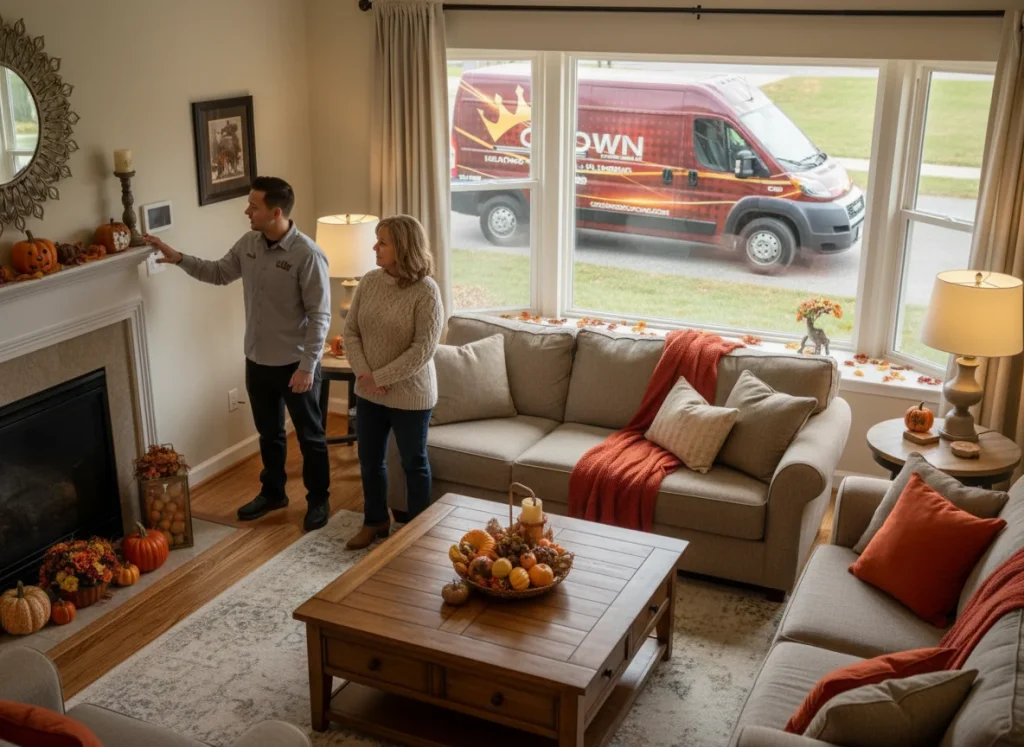 Homeowner and technician preparing heating system before winter in Akron