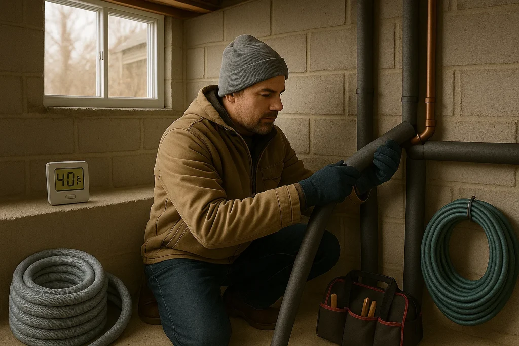 Homeowner insulating exposed basement pipes along your home’s exterior wall during fall plumbing maintenance before winter.