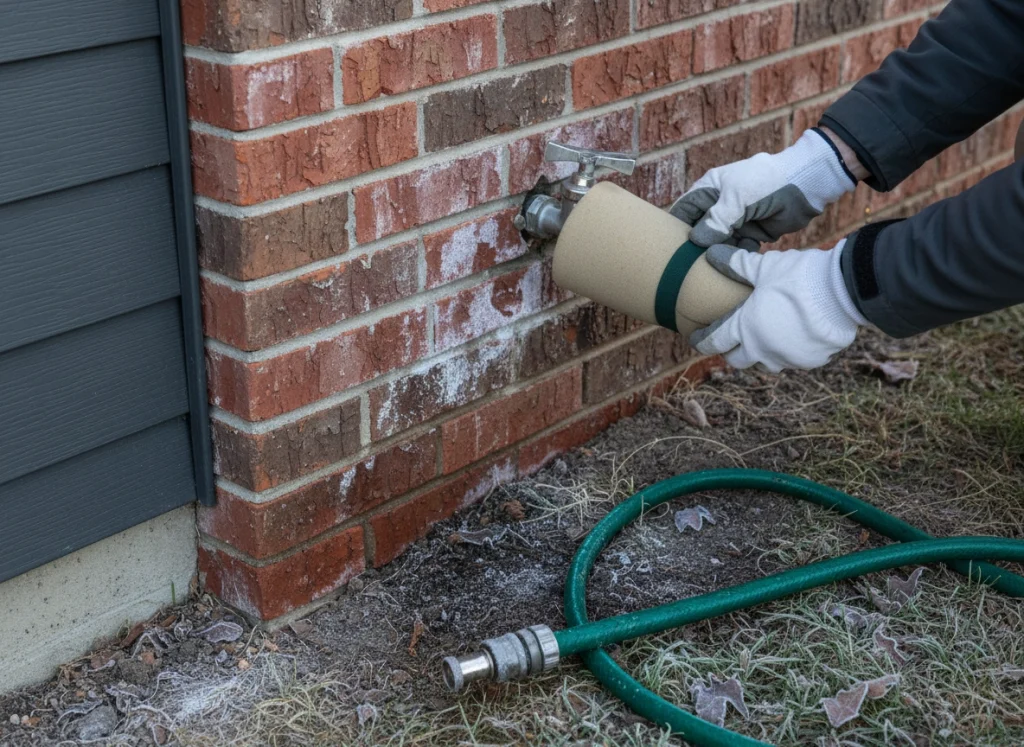 Homeowner covering outdoor spigot with insulated faucet cover at start of winter