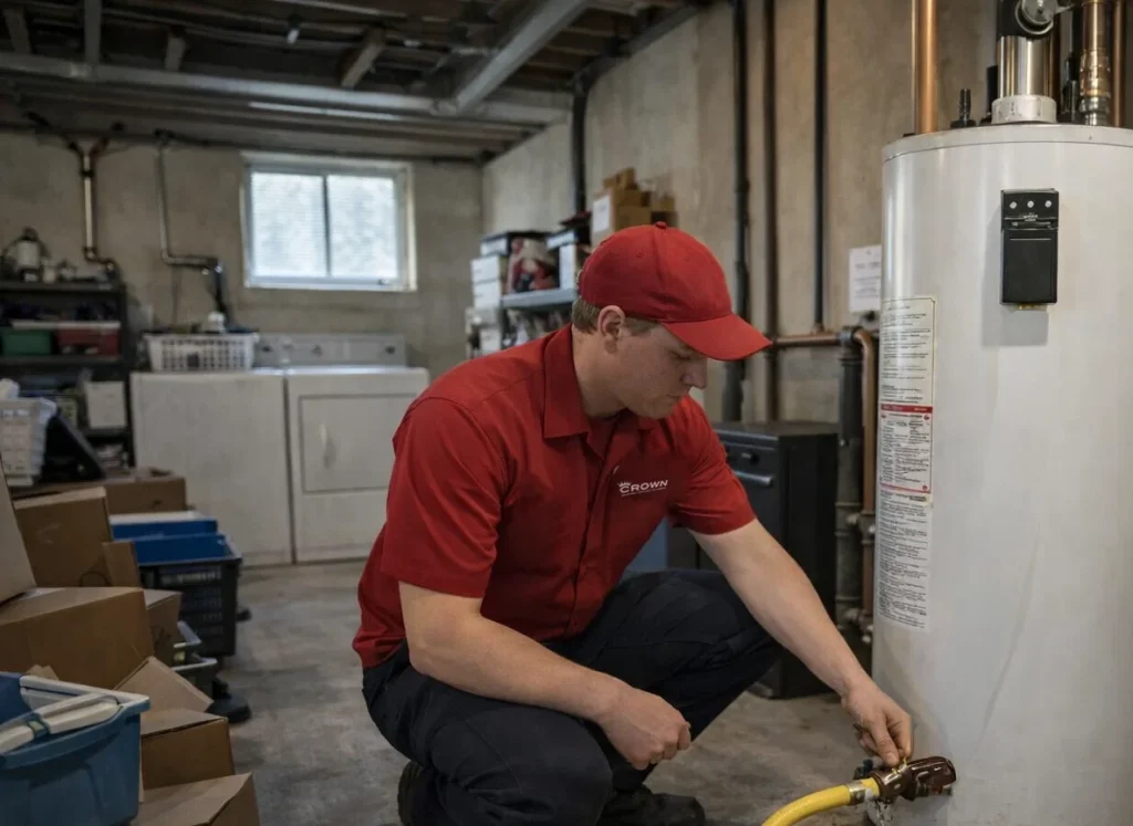 A technician flushing a water heater in an Ohio basement as part of January plumbing maintenance.