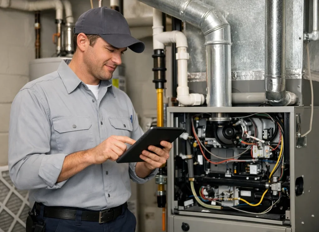 HVAC technician providing late-winter heating service in Ohio home