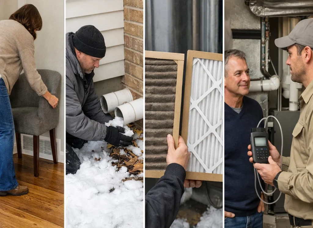 Four panel February heating maintenance checklist in Ohio showing vents outdoor venting filter change and pro service