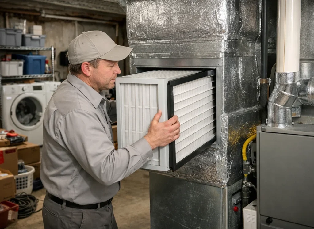 Technician installs whole-house air cleaner in return ductwork of Ohio basement