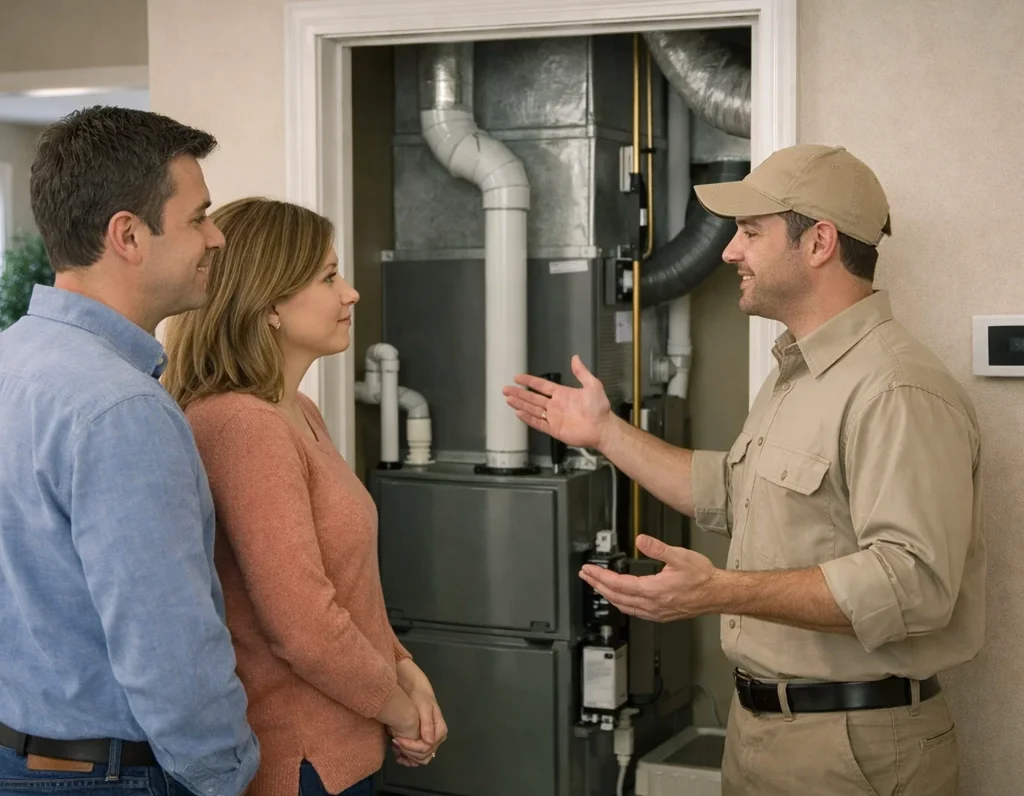HVAC technician explaining end-of-season heating maintenance to homeowners