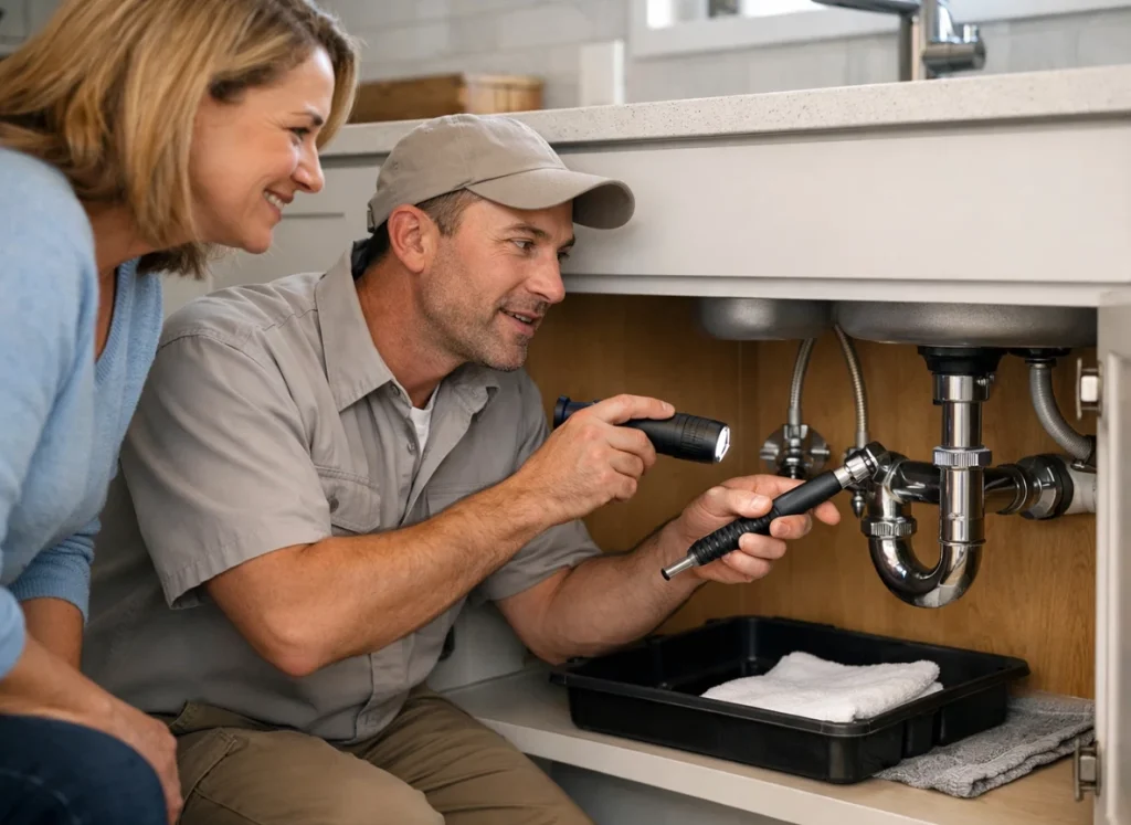 Plumber repairs under-sink shutoff valve to prevent water damage in home