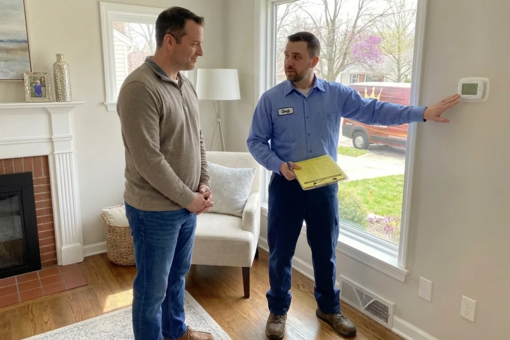 Akron homeowner discussing spring heating service with technician