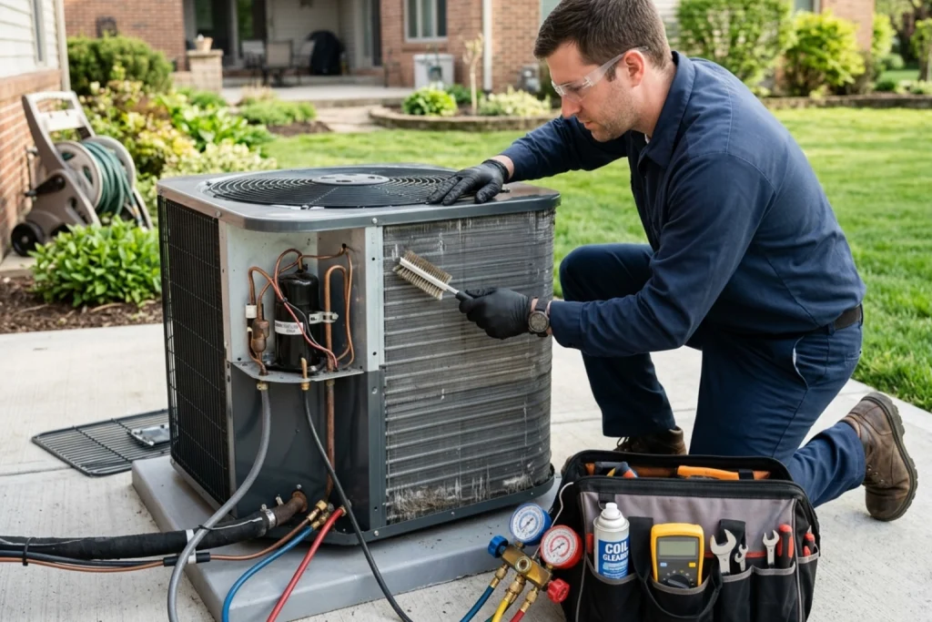 HVAC technician performing spring AC tune-up service