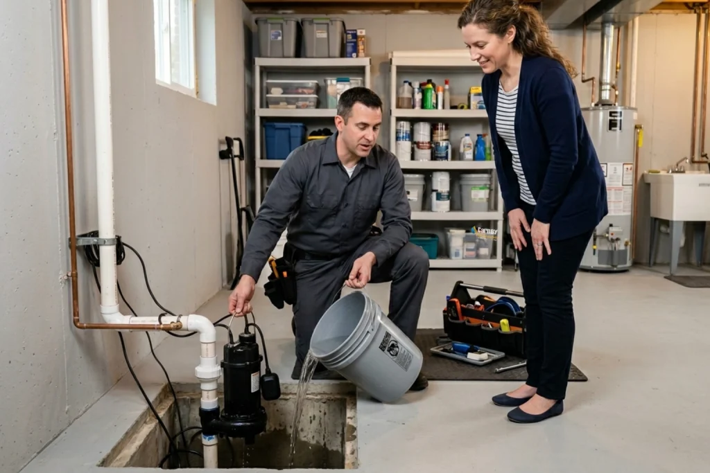 Homeowner watching plumber test sump pump in basement