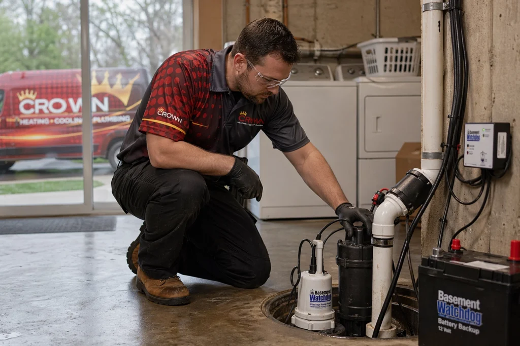 Crown plumber inspecting a backup sump pump system in an Akron basement during spring storm prep