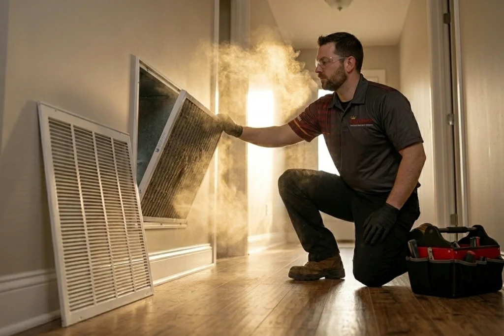 An HVAC technician replacing an air filter