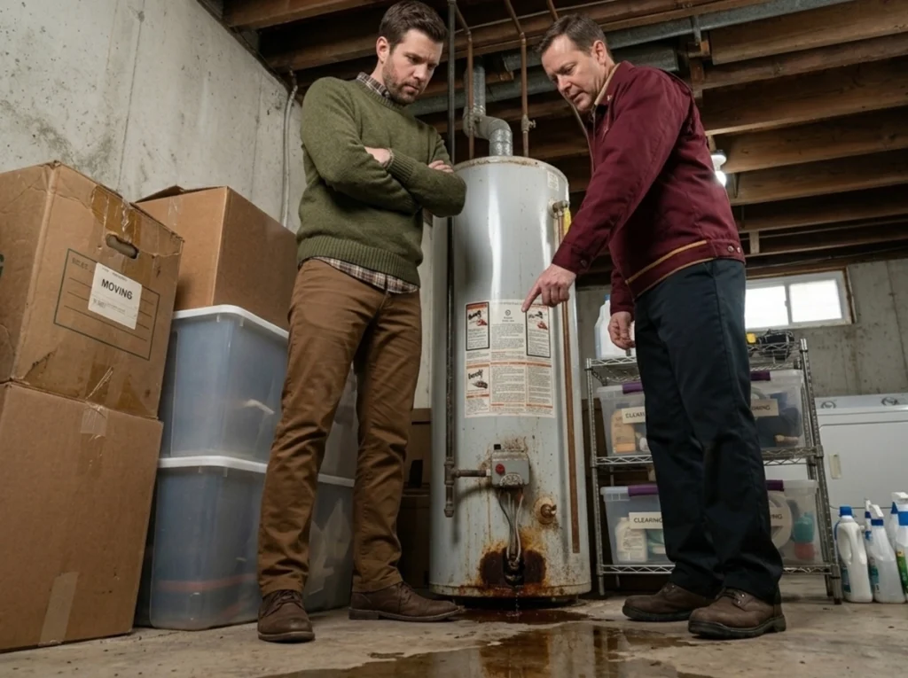 Akron homeowner reviewing summer water heater capacity with a plumber