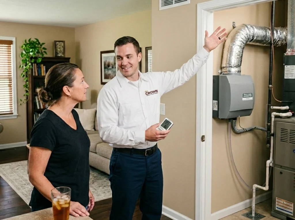 Akron homeowner learning how whole-house dehumidification improves summer comfort