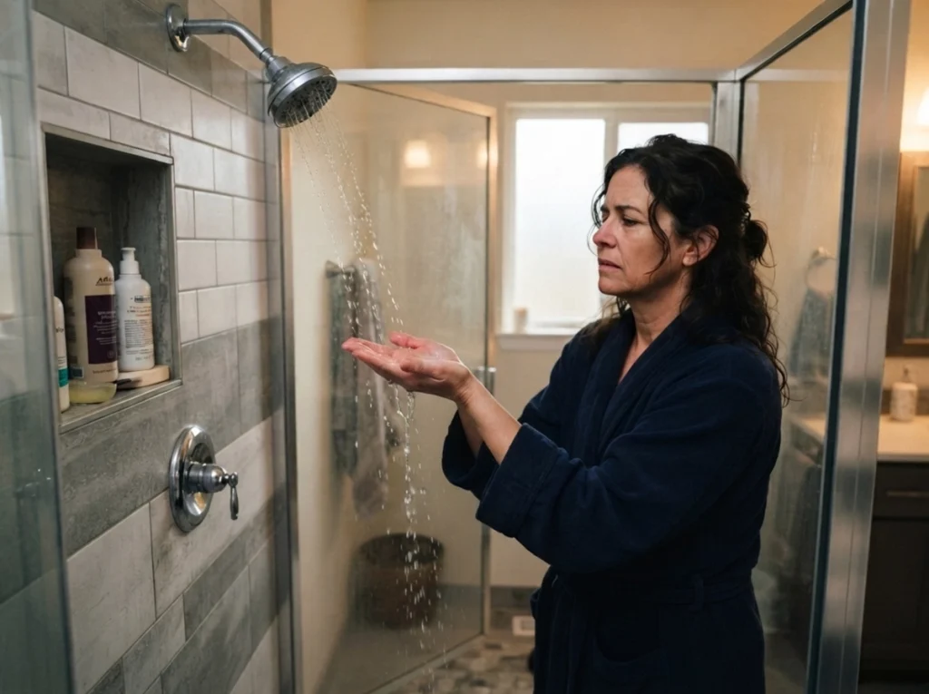 A woman dealing with low water pressure in your shower