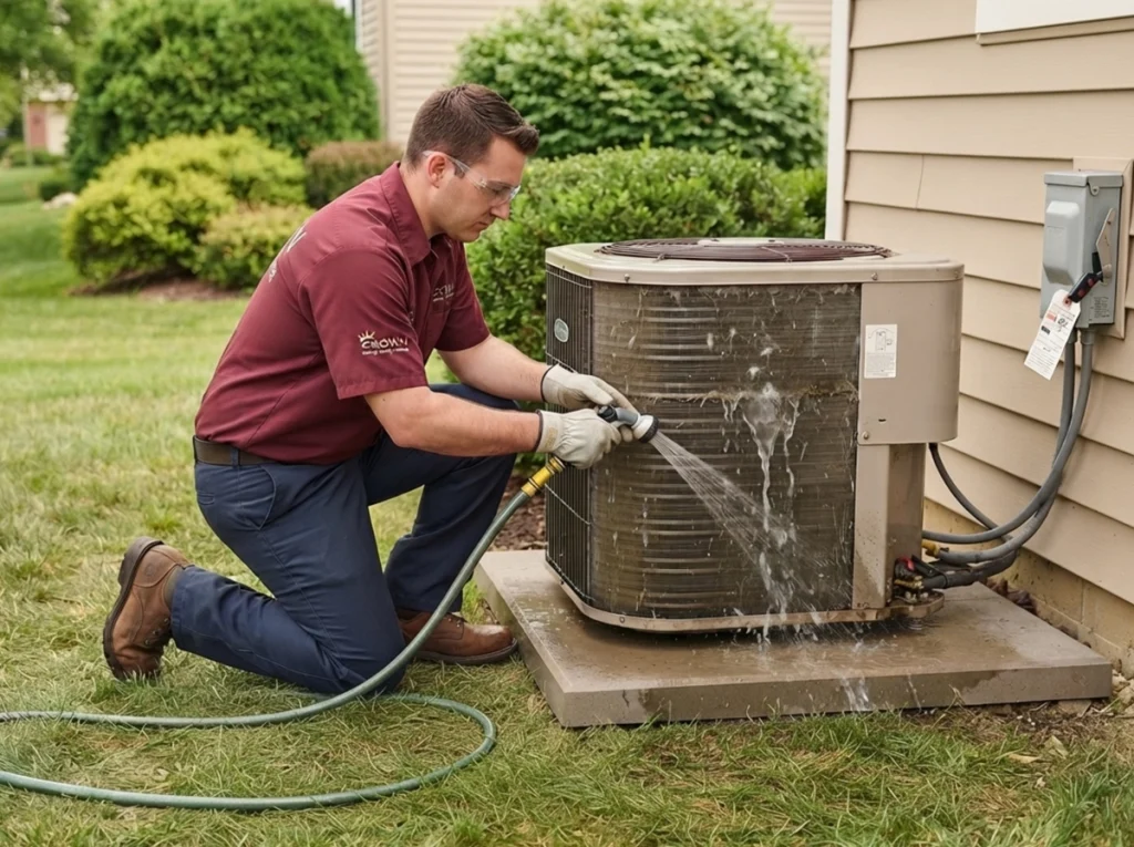 HVAC technician gently cleaning an outdoor condenser coil