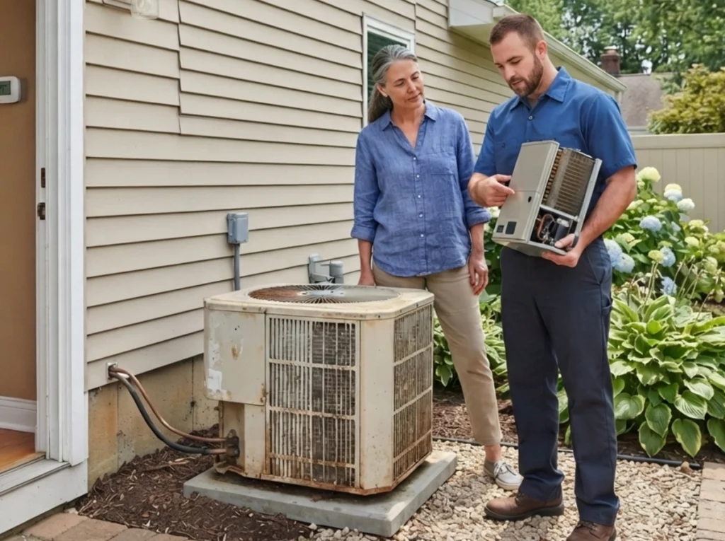 Akron homeowner reviewing an aging air conditioner with HVAC advisor