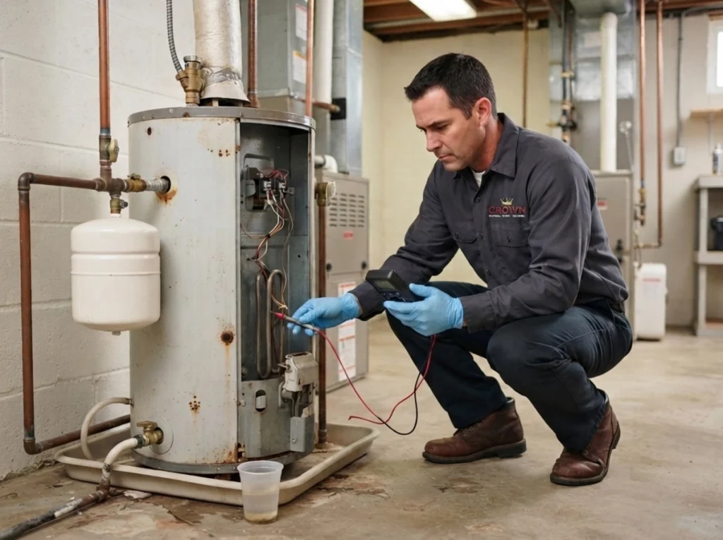 Plumber testing an aging electric water heater heating element