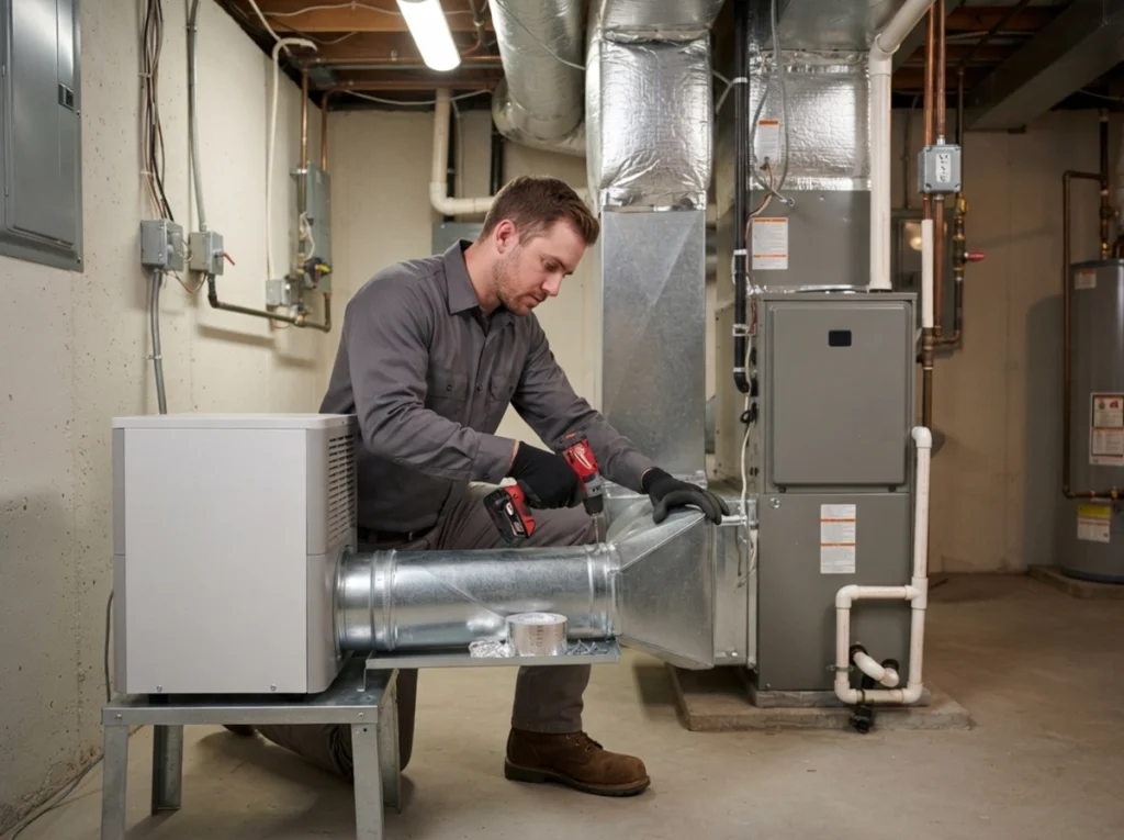 HVAC technician installing a whole-home dehumidifier in an Ohio home.