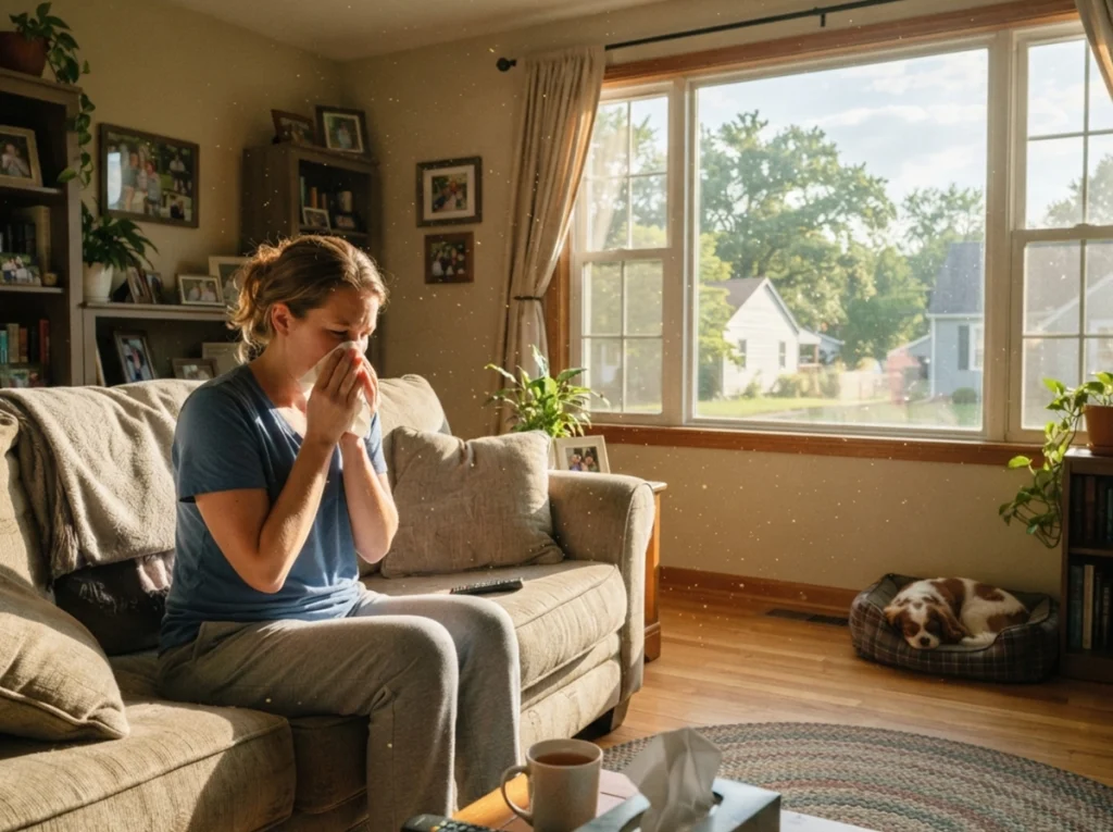 A woman dealing with allergies in her home while sitting on her couch.