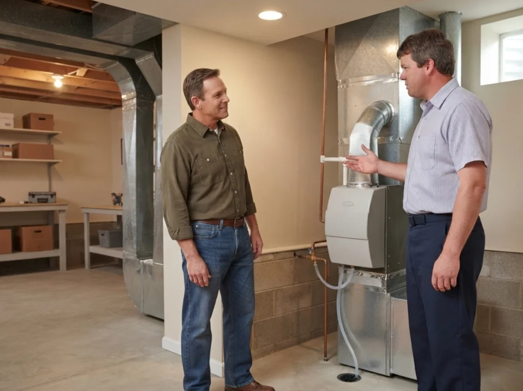 Akron homeowner reviewing a whole-home humidifier before winter
