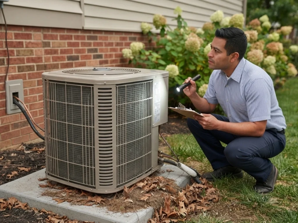 HVAC technician inspecting an Akron air conditioner at the end of summer