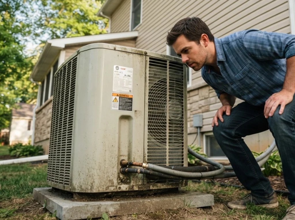 Listening to odd sounds coming from his AC condenser unit