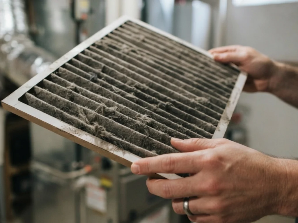 A homeowner holding a dirty air filter