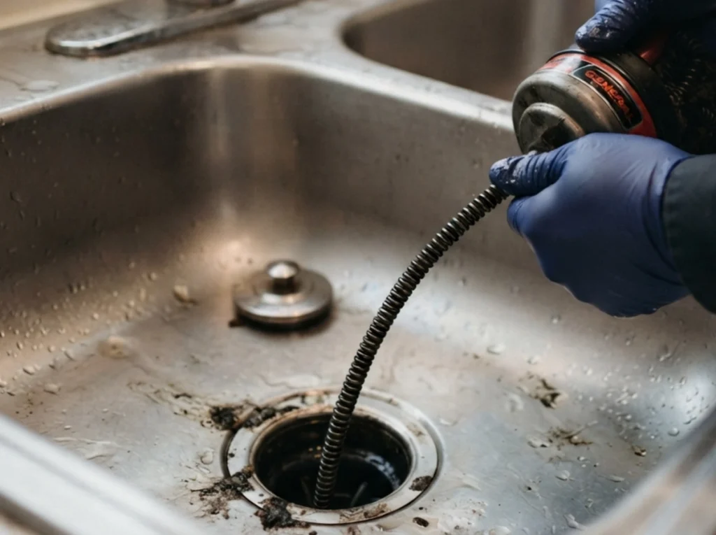 Plumber performing preventive drain cleaning in an Akron home