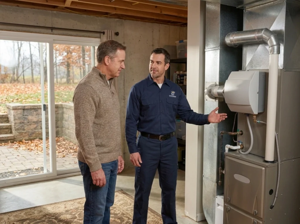 Homeowner discussing whole-home humidity control with Akron HVAC technician