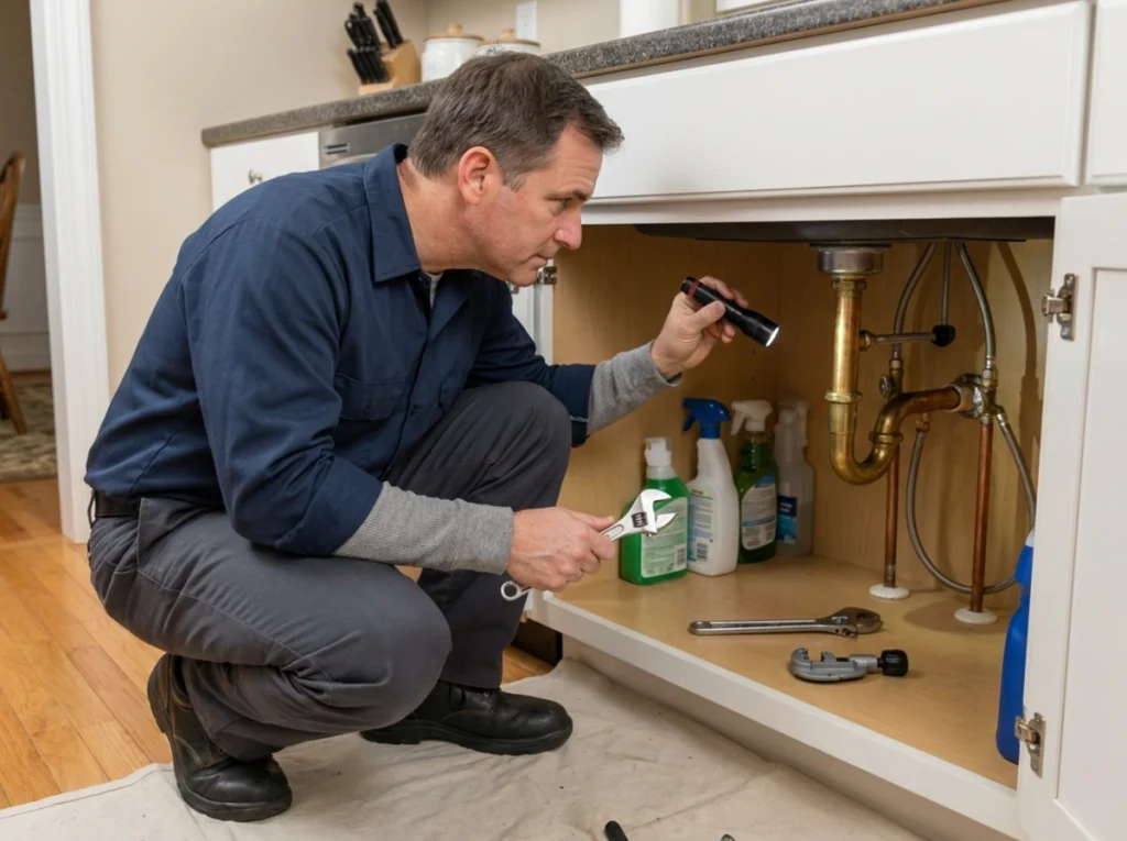 Plumber inspecting kitchen plumbing during fall maintenance in Akron Ohio