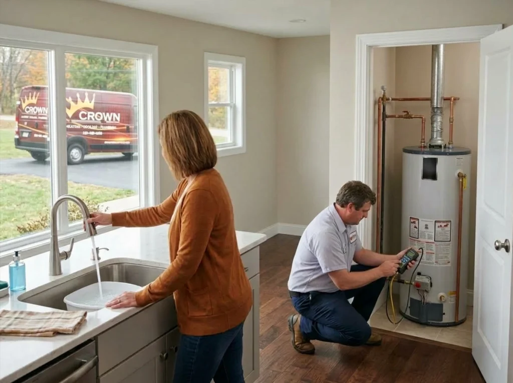 Plumber evaluating household hot water demand before choosing a new water heater