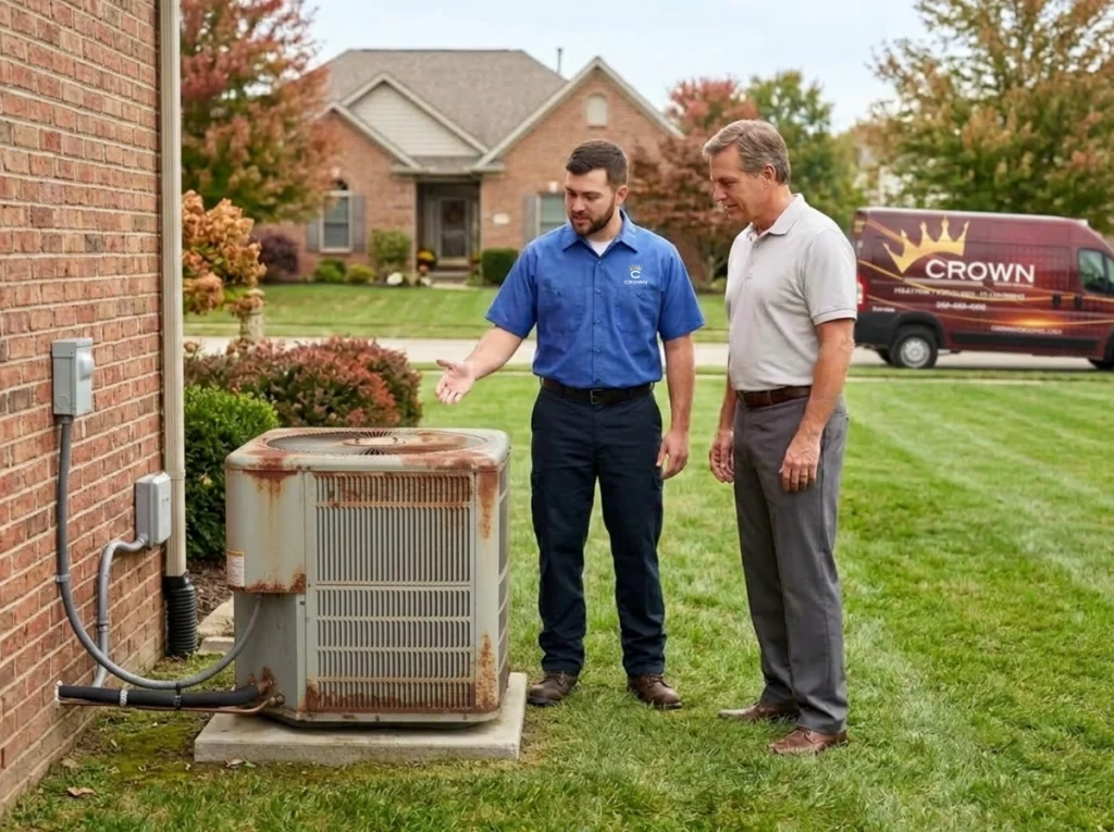 Canton homeowner discussing fall HVAC replacement with technician