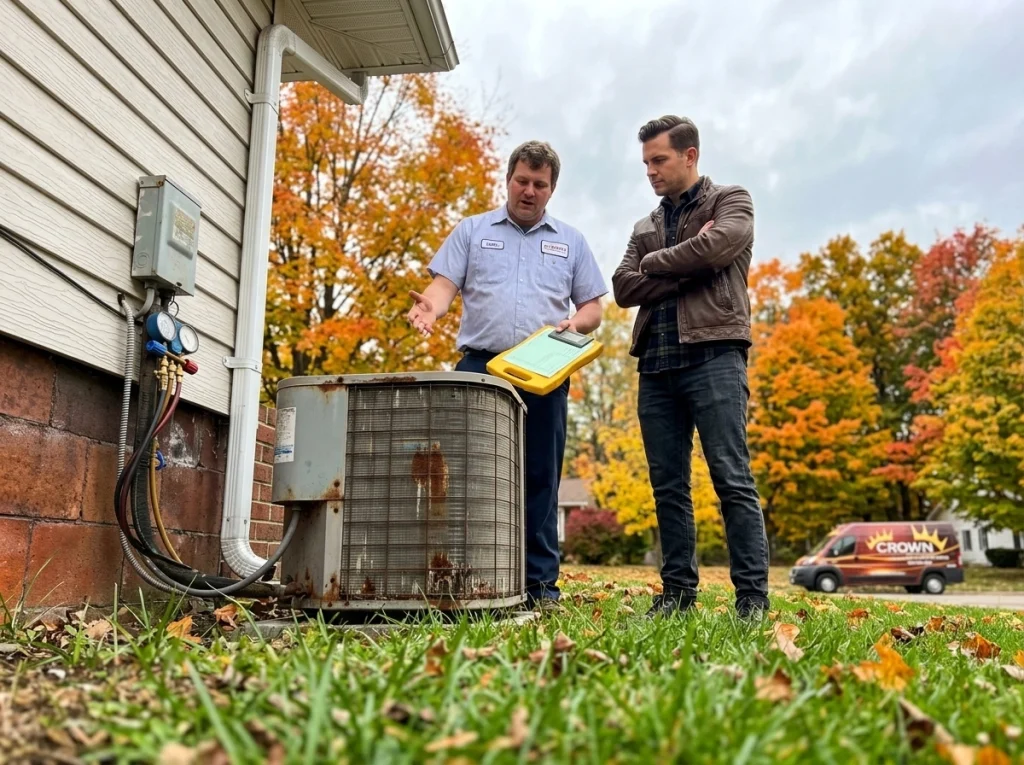 An HVAC technician and homeowner discussing an AC unit replacement in the fall.